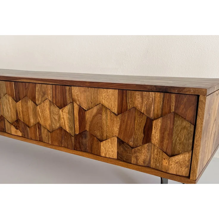 FINEBUY Lowboard TV Board Massivholz 160 cm 3D Fronten & Metallbeine (vier Türen, 160x40x35 cm, Massivholz 3D-Fronten), TV-Schrank Modern Fernsehtisch, TV-Kommode Niedrig – Bild 5
