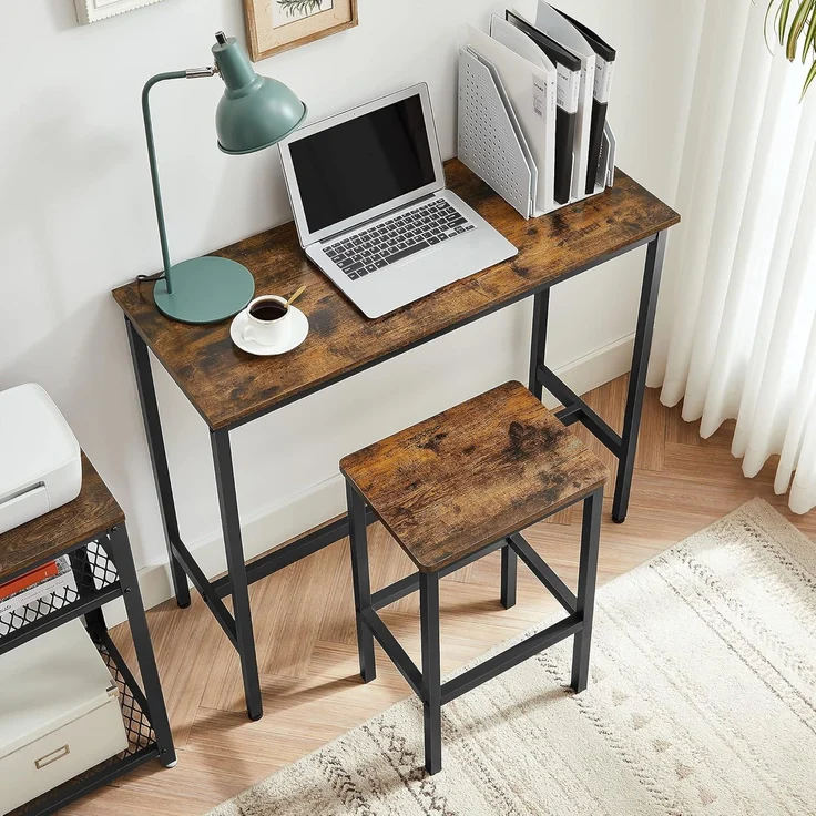 Vasagle Essgruppe, Bartisch-Set, Stehtisch (100 x 40 x 90 cm) mit 2 Barhockern (je 30 x 40 x 65 cm), Metallgestell, Industrie-Design, für Esszimmer, Wohnzimmer, vintagebraun-schwarz – Bild 3
