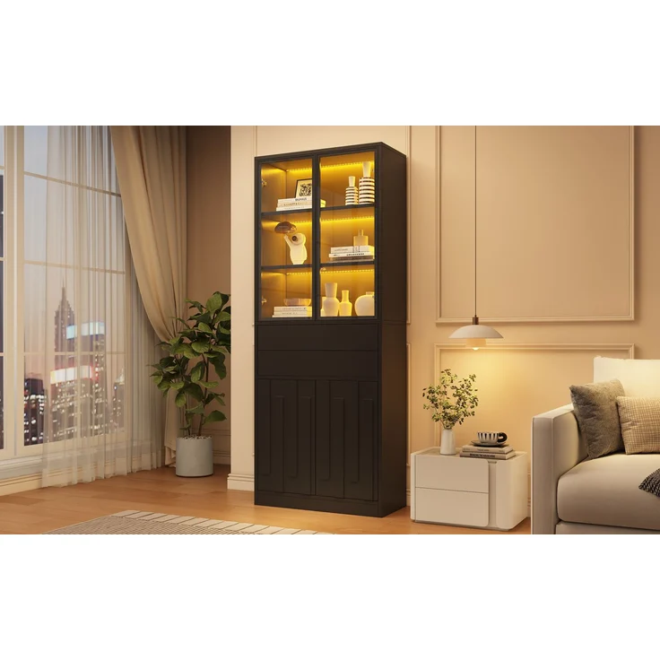 ZUBALIYA Hochschrank mit Glasschranktüren / Hochschrank Glasvitrine mit LED, mit küche und arbeitszimmer, 70 x 34 x 180 cm LED Display Vitrine Mit 2 Schubladen, Schwarz, fürs Wohnzimmer – Bild 5