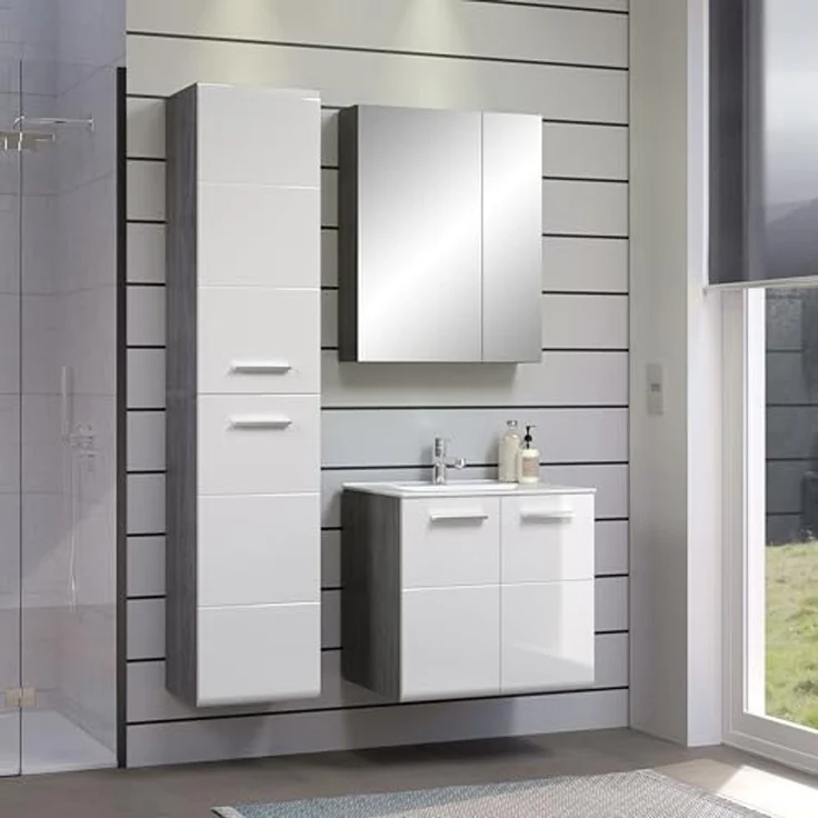 trendteam smart living - Riva - Waschbeckenunterschrank hängend - Weiß/Rauchsilber - Waschtisch mit 2 Türen und 1 Einlegeboden - (BxHxT) 60 x 57 x 46 cm - Hochglanz-Front – Bild 6