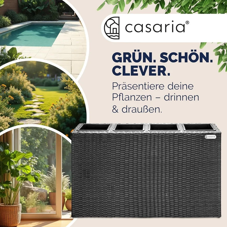 Casaria Pflanzkübel, 4 Innentöpfe Herausnehmbar Polyrattan 95x27x60cm Blumentopf Schwarz – Bild 3