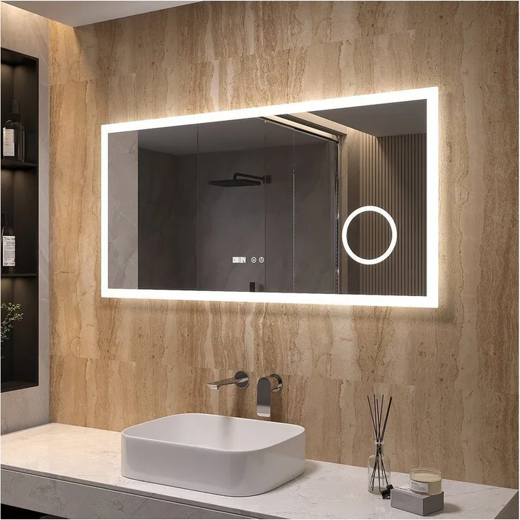 AQUABATOS Badspiegel LED, 120x60cm silber, Wandspiegel mit Beleuchtung und Vergrößerung, Badezimmerspiegel mit kaltweißer Lichtfarbe
