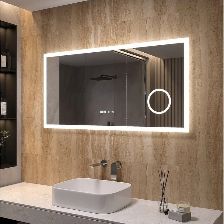 AQUABATOS Badspiegel LED, 120x60cm silber, Wandspiegel mit Beleuchtung und Vergrößerung, Badezimmerspiegel mit kaltweißer Lichtfarbe