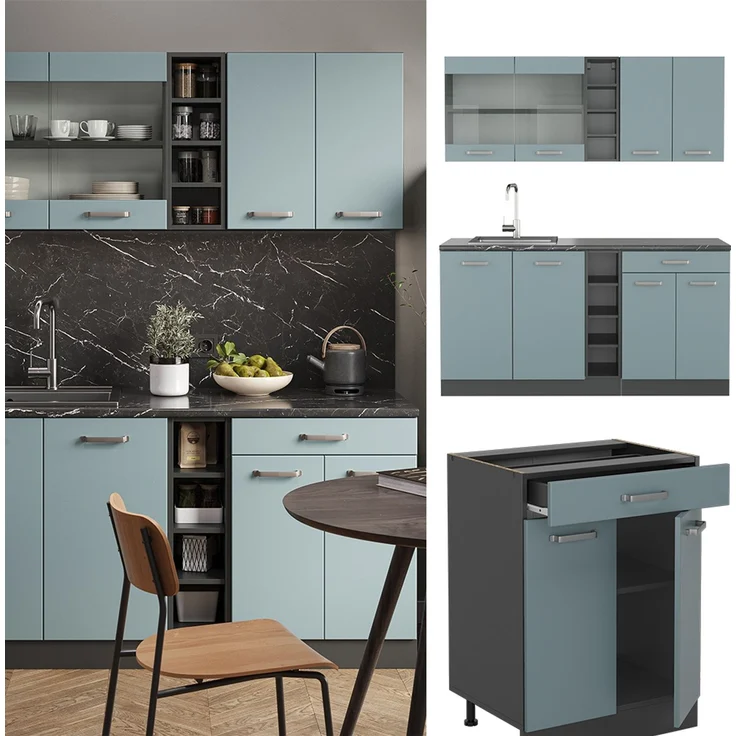 Singleküche R-Line Blau-Grau/Anthrazit 160 cm , AP Marmor Vicco – Bild 2