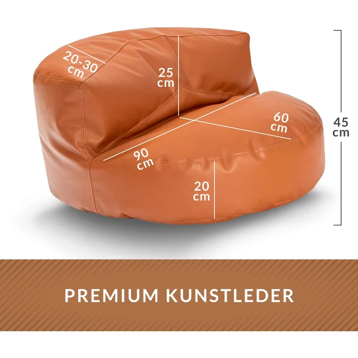 Green Bean Sitzsack Sofa aus Kunstleder mit EPS Perlen Füllung - Lounge im Sitzsack-Design 90 x 50 cm mit ergonomischer Rückenlehne - Cognac – Bild 4
