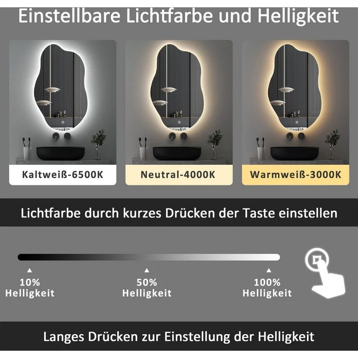 WDWRITTI Wandspiegel mit beleuchtung Badspiegel LED Touch Modern Dreifarbiges Dimmbar (LED Spiegel Bad, Wolke, 52x85cm), LED Multifunktionspiegel – Bild 3
