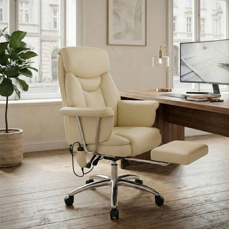 CLP Bürostuhl Dahra Echtleder Massagefunktion mit Fußablage höhenverstellbar,creme – Bild 3