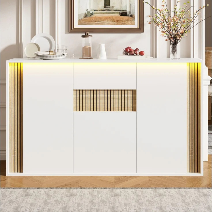 DESVIAE Sideboard Natur/Weiß aus Spanplatte – 140x82x40 cm – 3 Türen, Schublade, LED-Beleuchtung – Bild 9
