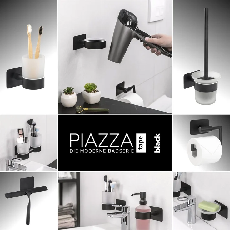 Bad-Serie PIAZZA BLACK TAPE - Zahnputzbecher ohne Bohren - mit Klebepad, aus Glas und Edelstahl, matt schwarz – Bild 8