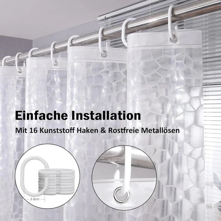 Duschvorhang 240x200cm Transparent Wasserdicht Magnete 16 Ringe Hexagon Muster – Bild 6