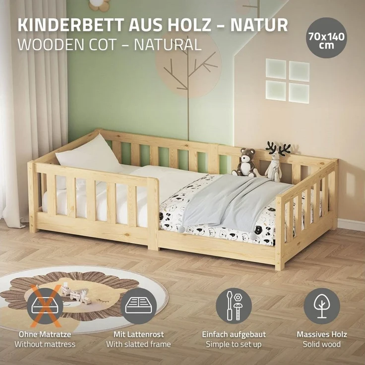 ML-DESIGN Spielbett Bodenbett Holzbett mit Lattenrost & Rausfallschutz Jugendbett Babybett, Abenteuerbett 70x140cm Natur Kinderbett Bettgestell ohne Matratze – Bild 2
