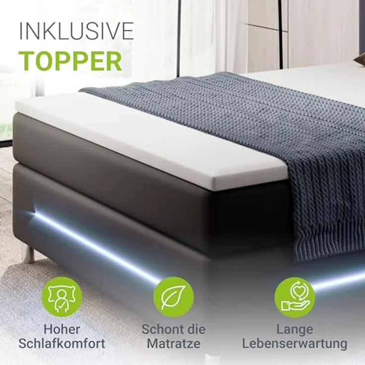 Juskys Boxbett Norfolk, Schwarz, 200x200 cm, Boxspringbett mit LED-Beleuchtung und Bonell Federkernmatratzen – Bild 7