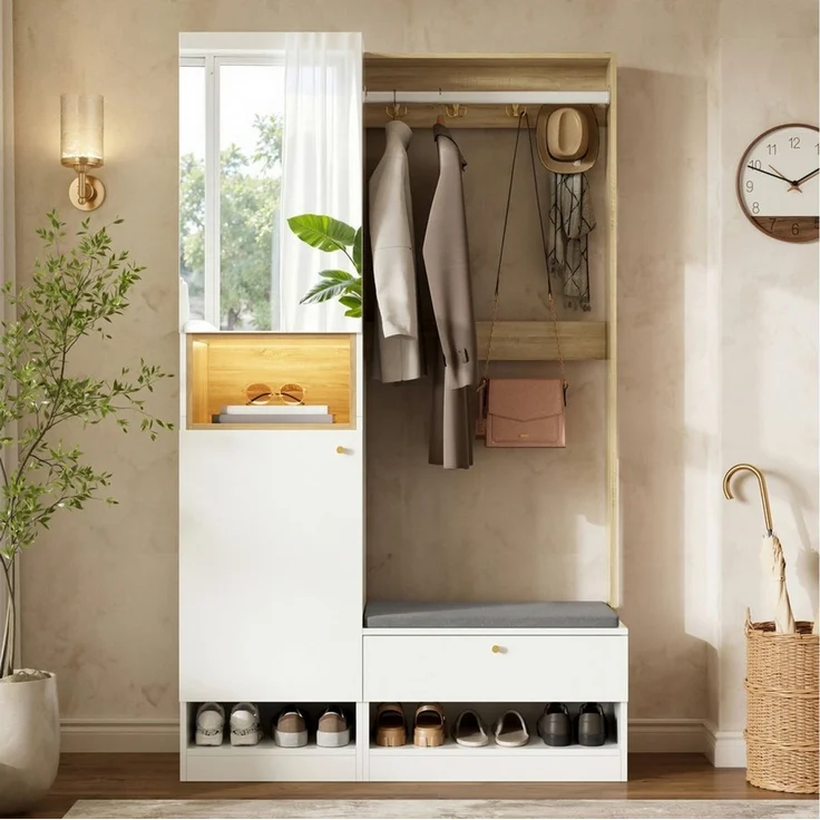 i@home Garderoben-Set Flurschrank mit LED-Beleuchtung & 3 Türen,viel Stauraum,105 x 35 x 180 cm, (Set, 1-St), Garderoben-Set mit Spiegel, Sitzbank, Haken& Kleiderstange, weiß/natur – Bild 1