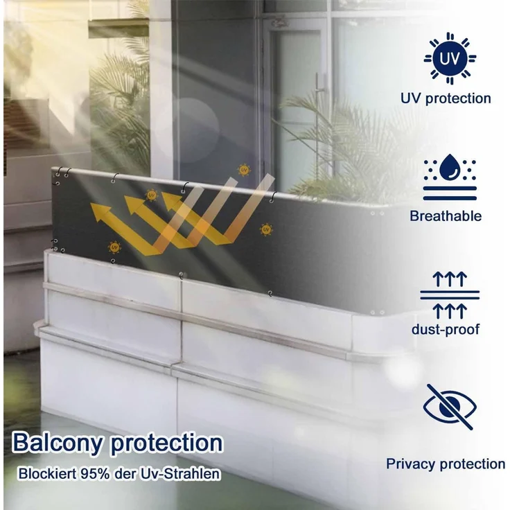 MENGH Balkonabdeckung 110x500 cm, Balkon Sichtschutz Balkonabdeckung, Wind- und UV-Schutz, in div. Größen & Farben für Gartenzaun Balkonzaun grau – Bild 2