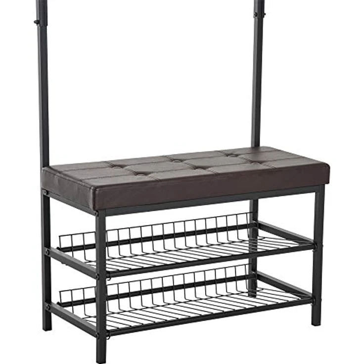 HOMCOM Garderobenständer, All-in-One Garderobe mit 5 Haken, Schuhablagen und Sitzbank, Schwarz-Braun, Metall, 35x180x72,5 cm – Bild 8