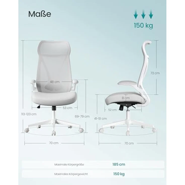 SONGMICS Bürostuhl mit ergonomischer Rückenlehne & hochklappbaren Armlehnen, Taubengrau, 123 x 70 x 70 cm, OBN088GD01 – Bild 4