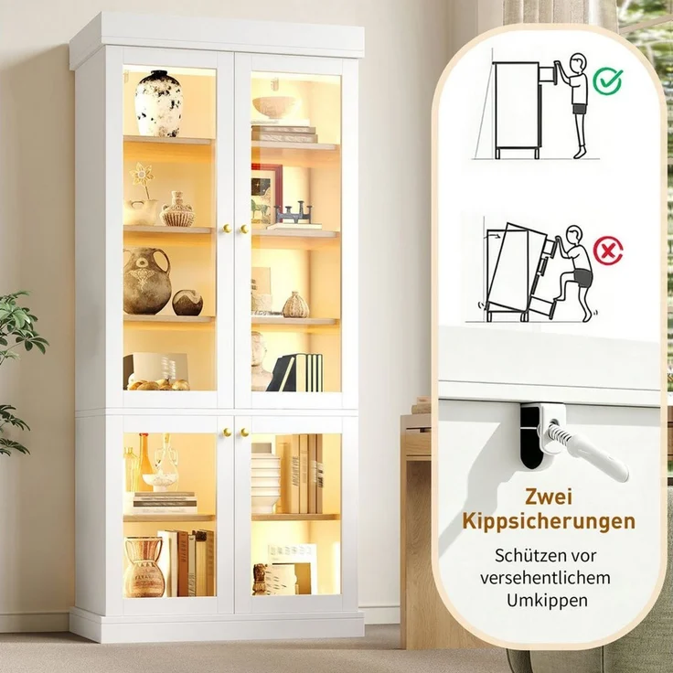 Odikalo Vitrine Vitrineschrank Glasvitrine mit LED (durchdachter Innenaufteilung und Kippschutz, stabil, sicher und vielseitig für Zuhause) 160×40×180cm – Bild 4