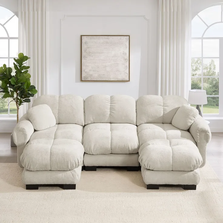 EINHOM 3-Sitze U-förmiges Cloud Sofa, inklusive mobiler Ottomane und 2 kleinen Dekokissen, Feines Steppdesign, Dicke Sitzkissen, Weich und Stützend, Einfach Aufzubauen, geeignet für das Wohnzimmer, Hellkhaki