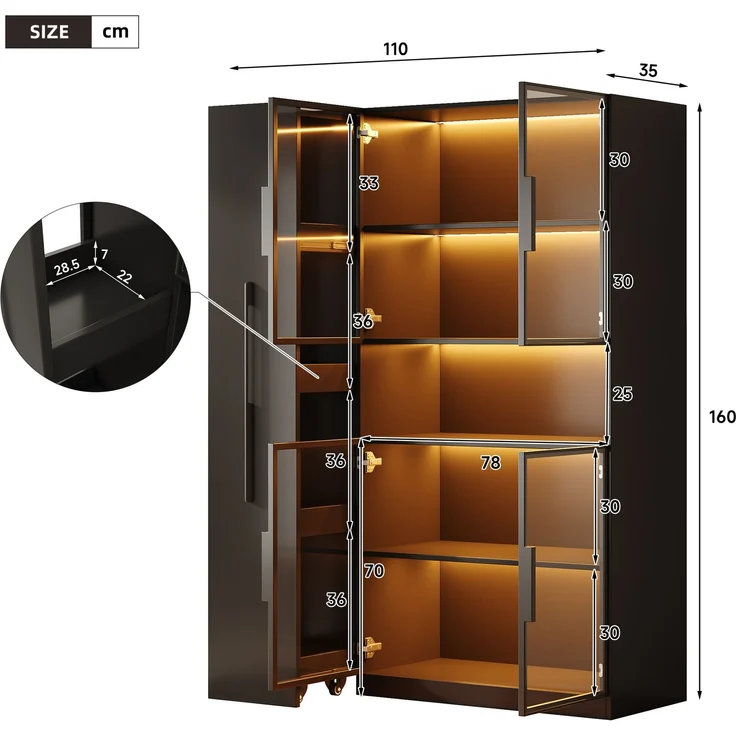 Vitrinenschrank 110 x 35 x 160 cm aus MDF in Schwarz mit Glasfront, LED und ausziehbaren Regalen – Bild 5