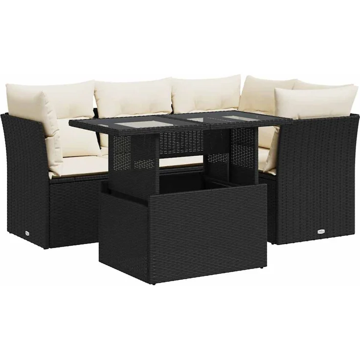 vidaXL 5-tlg. Garten-Sofagarnitur mit Kissen Schwarz Poly Rattan 3326147 – Bild 2