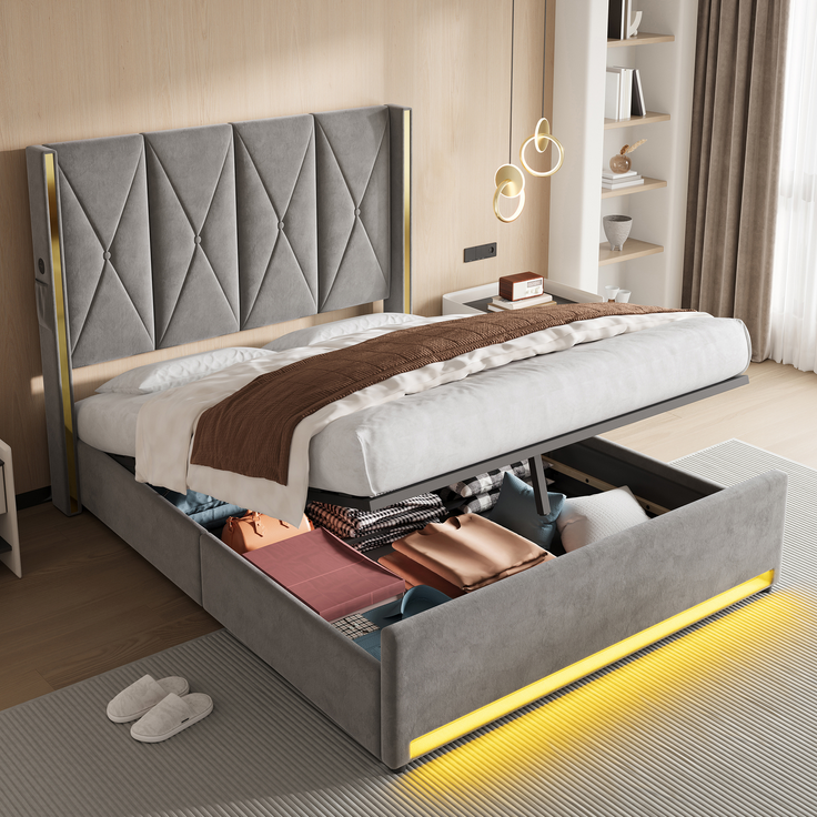 TavilaEcon Boxspringbett Veloursbett mit hohem Kopfteil, Seitentaschen & USB grau Liegefläche 160 × 200 cm – Bild 9