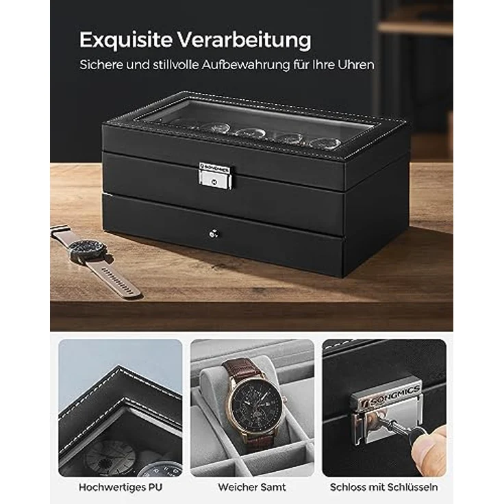 SONGMICS Uhrenbox Uhrenkasten, mit 2 Ebenen, 12 Fächer und 1 Schublade – Bild 5