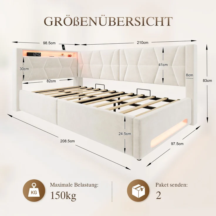 LVHOM Einzelbett 90x200 cm mit Stauraum, Polsterbett mit LED, USB und Type-C, Jugendbett, Hydraulischem Bettgestell, Samt, Beige – Bild 7