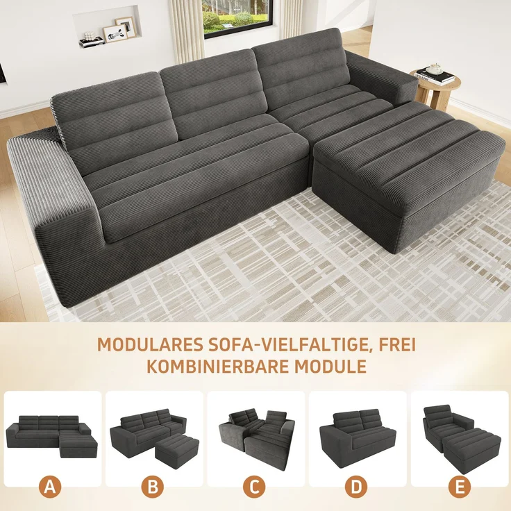 Ecksofa 253 x 161 x 89 cm in Dunkelgrau, modulares Cordsofa mit Hocker, rahmenloser Schaumstoffpolsterung – Bild 8