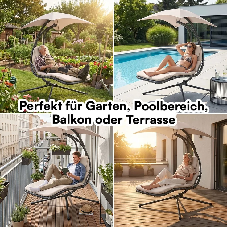 STEELSØN 'Nyria' Schwebeliege mit Sonnenschirm, Hängeliege mit Sitzpolstern, wetterfest, bis 120 kg belastbar, beige – Bild 10