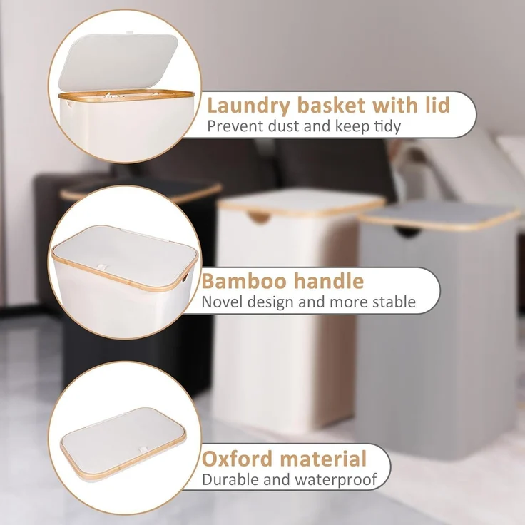 Wäschekorb 150L XL 2 Fächer Bambusgriff Deckel Beige Laundry Baskets – Bild 6