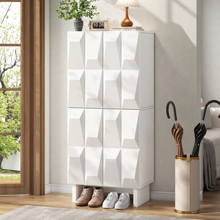 Schuhschrank Sideboard Kompaktsschrank Spanplatte Relief 4 Türen 4 Fächer verstellbare Böden Flur Wohnzimmer--Weiß--60.5x34x135.5cm--YOUDENOVA – Bild 8
