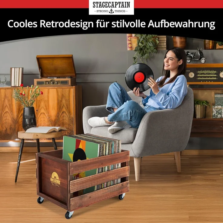 Stagecaptain Holzkiste SPK-100 "Emil" Schallplattenkiste (Spar-Set, 2 St, Aufbewahrungskisten für Schallplatten und mehr), für bis zu 100 LPs - aus Vollholz im Retro-Design – Bild 4
