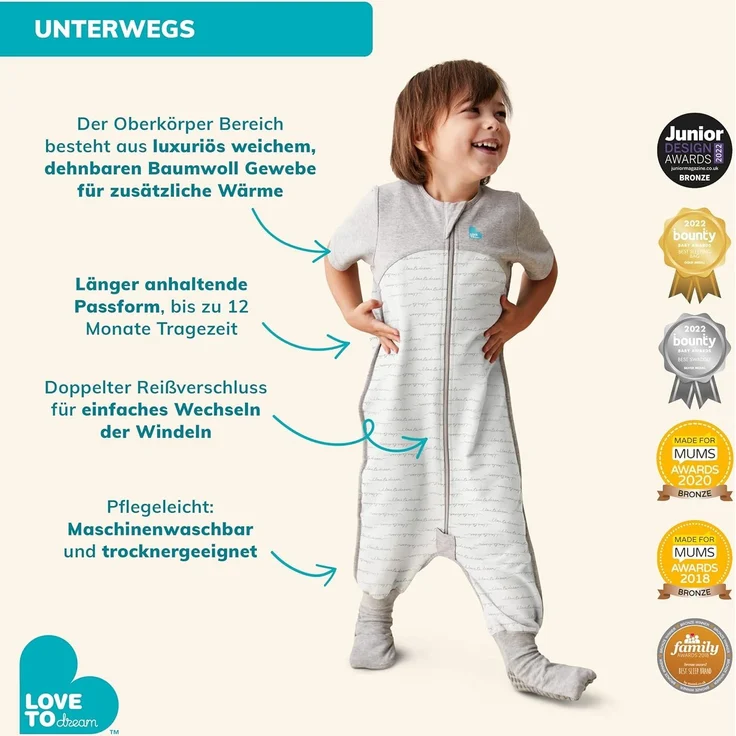 Love To Dream Übergang Pucksack, Bambus-Viskose Lite, Medium (6-8,5kg), Ideal für warme Temperaturen 24-27°C, Arme hoch, Von Hebammen empfohlen, einfaches Windelwechseln, abzippbare Flügel, Grau – Bild 4