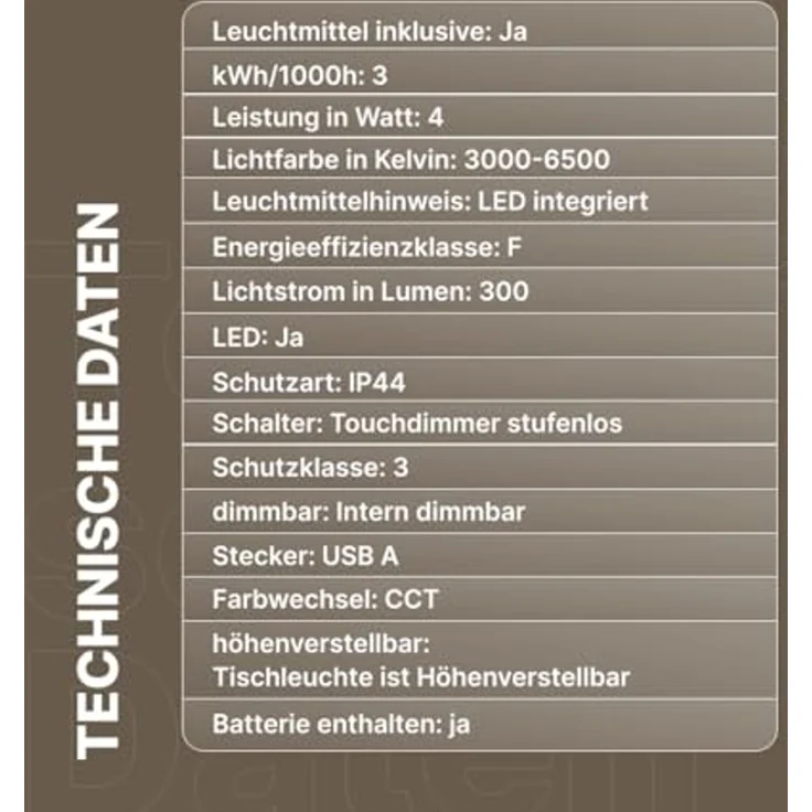 Brilliant Xaana LED-Tischlampe - gebürstetes Messing, Höhenverstellbares Produkt, touch dimmer stufenlos, IP44 spritzwassergeschützt, 37 cm hoch, USB aufladbar, für den Innen- und Außenbereich – Bild 7