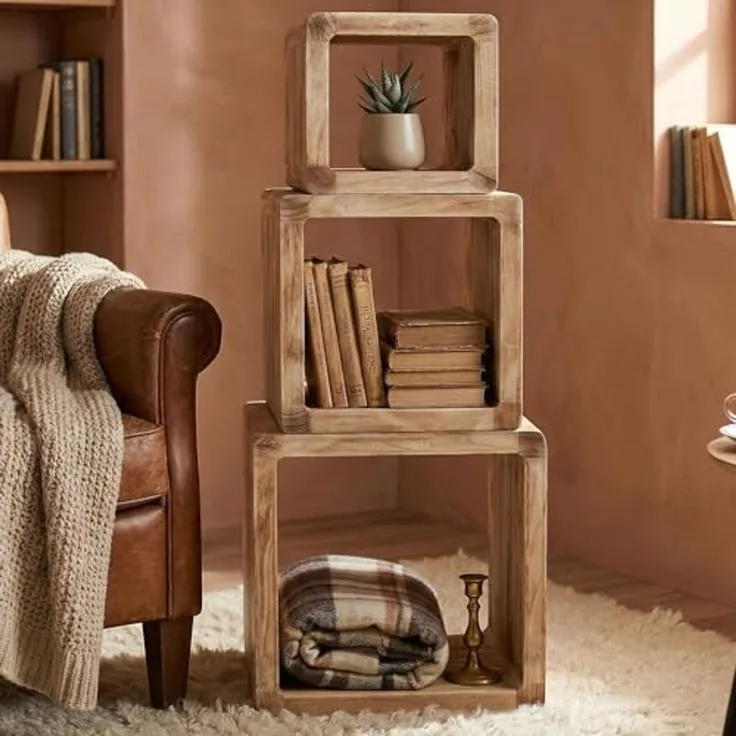 3 Regale "Geflammt" aus Holz, Würfelregale, Regalset, Cubes