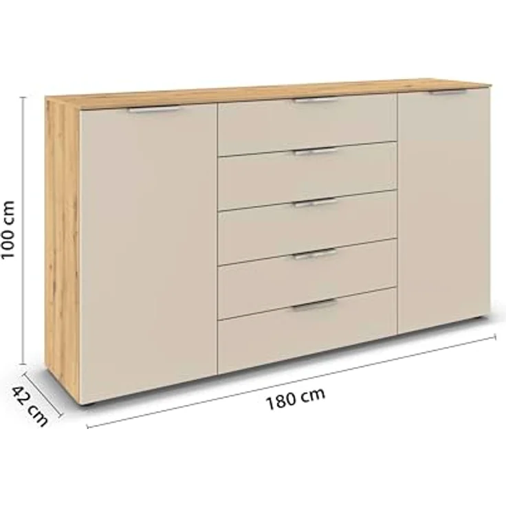 Rauch Möbel Flipp, Kommode für Schlafzimmer, Kinderzimmer, Wohnzimmer, Jugendzimmer, Flur, Garderobe, 2-türig, 5 Schubladen, mit Softclose-Funktion, Farbe Eiche Artisan, Holz/Beige, Breite 180 cm – Bild 4