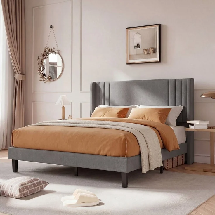 PXloue Polsterbett Daybett Jugendbett, Leinen Polsterbett, mit Lattenrost, hohem Kopfteil, 140x200 cm – Bild 1