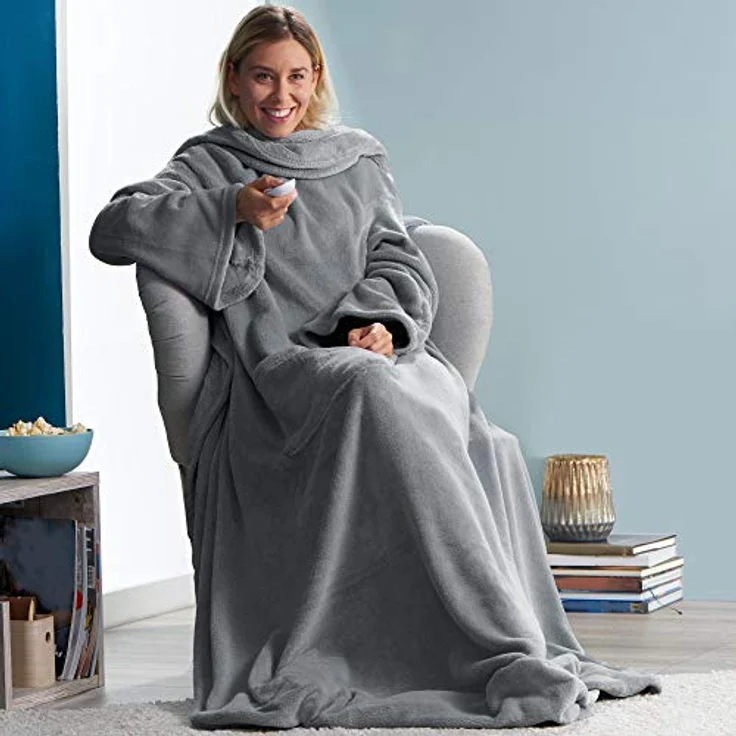 CelinaTex TV-Decke mit Ärmeln und Fußtasche Flauschige Kuscheldecke XL 170x200 cm Silber grau Mikrofaser Fleece Soft Oeko-TEX – Bild 7