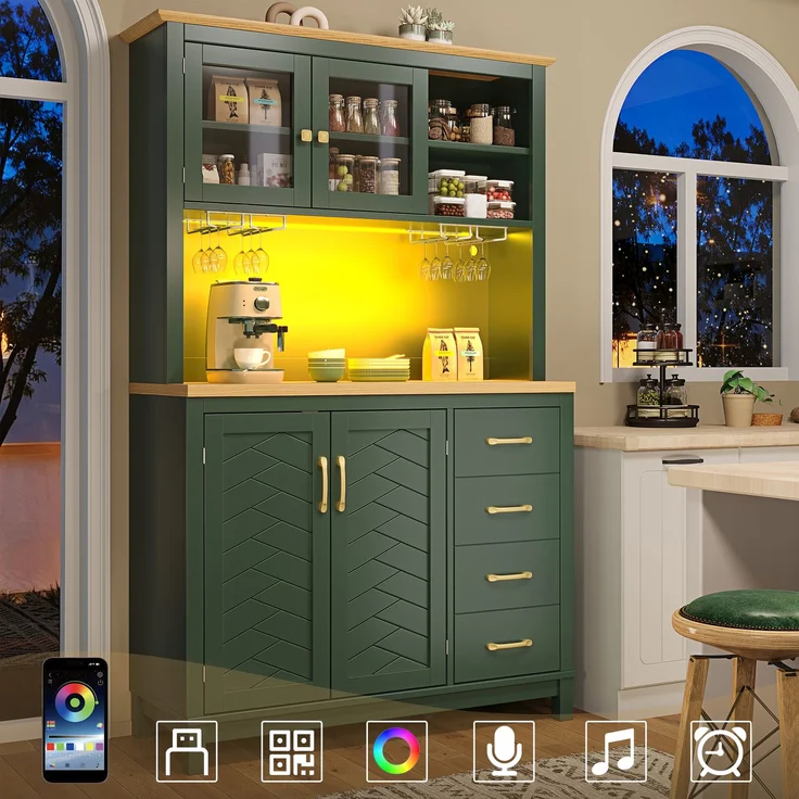 EINHOM Seitenboard / Aufbewahrungsschrank / Küchenschrank / Buffetschrank, 105.5 x 40 x 180 cm, Landhausstil, 4 Türen, mit LED-Lichtleiste & Getränkehaltern, Grün/Schwarz/Weiß, Grün – Bild 1
