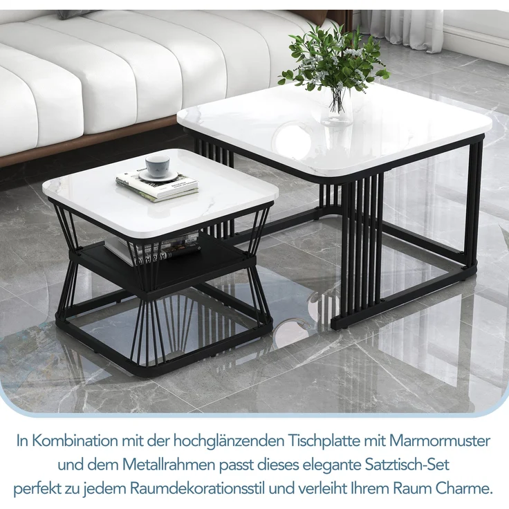 2er-Set Beistelltische, Marmoroptik weiß/schwarz, 65x65x45 & 45x45x39,5 cm – Bild 9
