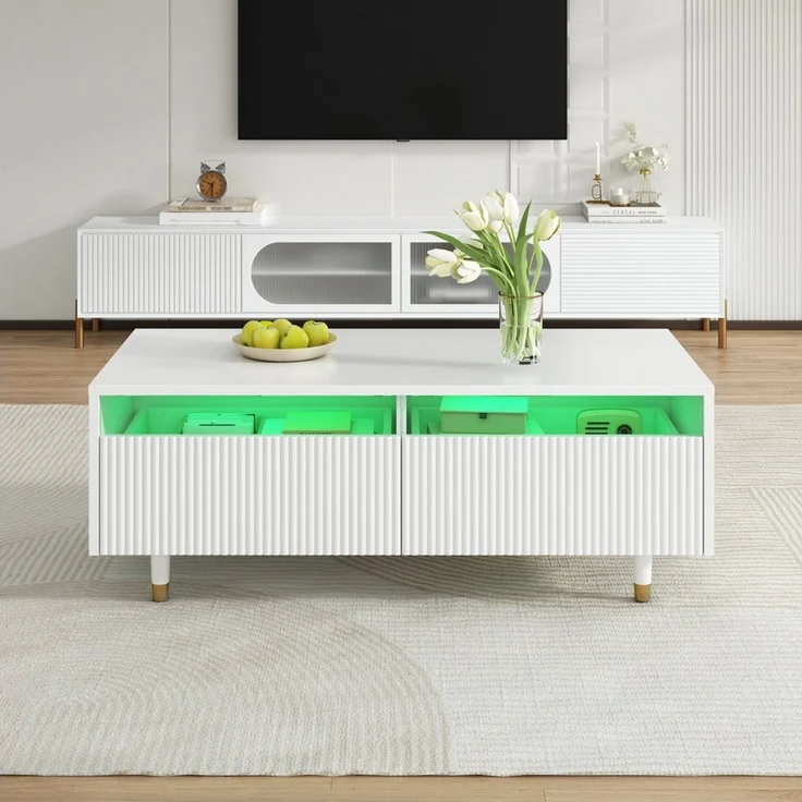 Merax Couchtisch Sofatisch Beistelltisch mit LED-Beleuchtung (1-St), Wohnzimmertisch mit 2 Schubladen & Massivholzbeinen, 110×50×40 cm – Bild 3