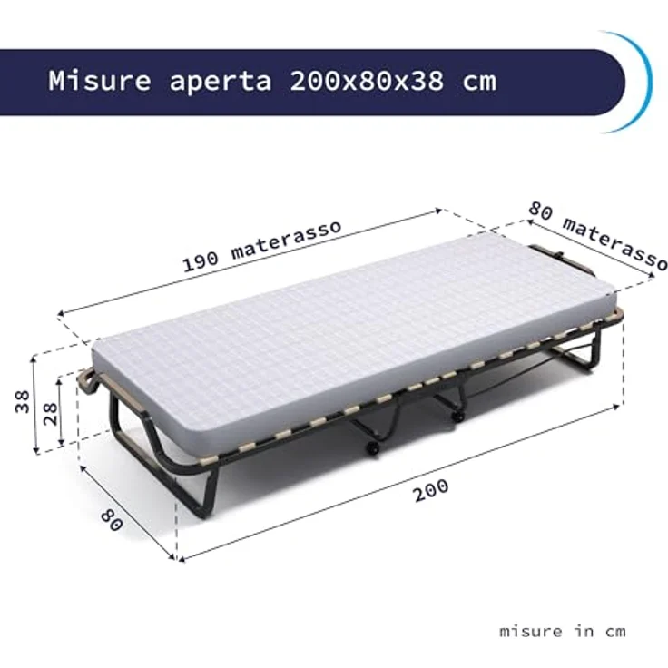 Cortassa - Klappbett mit 10 cm hoher Matratze aus Memory-Schaum, Einzel-Lattenrost mit Holzlatten 80x200 cm, platzsparendes Bett mit Rollen – Bild 3