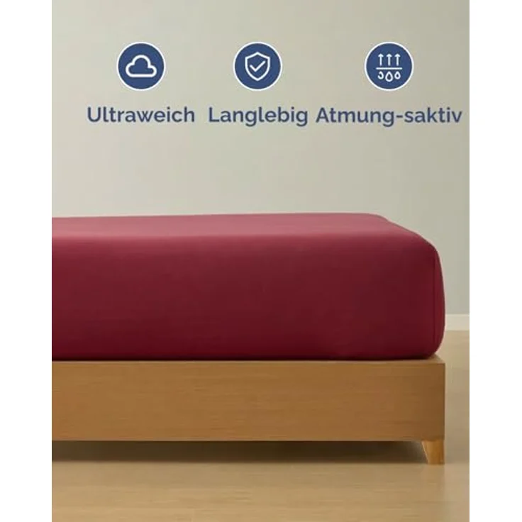 Spannbettlaken Jersey 200x200 - Baumwolle Boxspringbett 30cm - Bordeaux | Spannbetttuch, Rundumgummi, Dehnbar, Weich, Atmungsaktiv, Knitterfrei, Pflegeleicht, Baumwoll-Jersey, Bis 30cm, OEKO-TEX – Bild 3