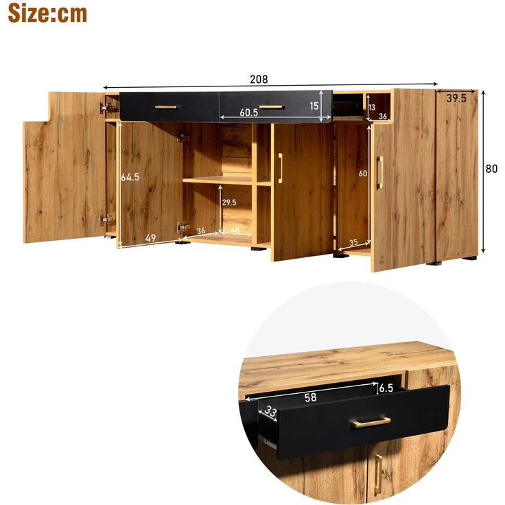 DESVIAE Sideboard mit 4 Türen und 2 Schubladen, 208x80x39,5 cm, Spanplatte und MDF, Weiß/Braun – Bild 10