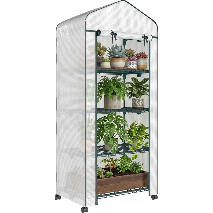 MELAYR, Balkon-Gartengewächshausregal, 4 Ebenen, 69 x 50 x 165 cm, epoxidbeschichteter Stahl, Weiß – Bild 1