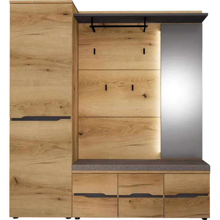 Fargo Garderoben-Kombination Set – bestehend aus Garderobenschrank mit Holztür, Garderobenpaneel mit Spiegel und Bank mit 3 Holztüren – FSC-Zertifiziert – Moderner Flurblock
