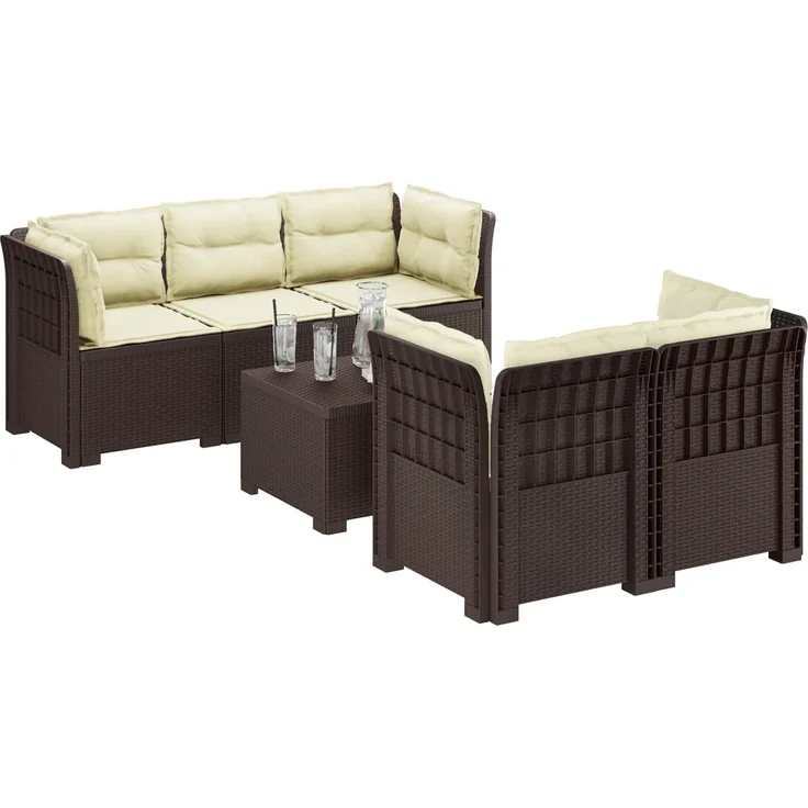 vidaXL 5-Sitzer Gartensofa mit Kissen Rattan-Look PP Braun 3443910 – Bild 3