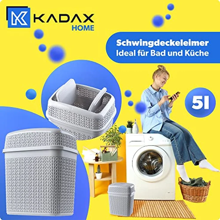 KADAX Kosmetikeimer mit Schwingdeckel, 5L Abfallbehälter für Bad und Küche, grau – Bild 2