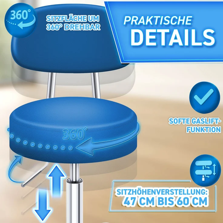 TRESKO Rollhocker Blau mit Lehne Arbeitshocker Hocker Drehhocker Kosmetikhocker Praxishocker – Bild 5