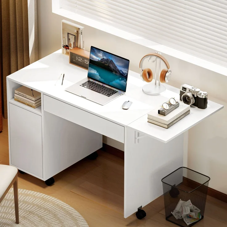 MELAYR, Rollbarer Computertisch, klappbarer Schreibtisch mit Schrank und Schublade, Spanplatte, Weiß, 130 x 58 x 73.2 cm – Bild 4